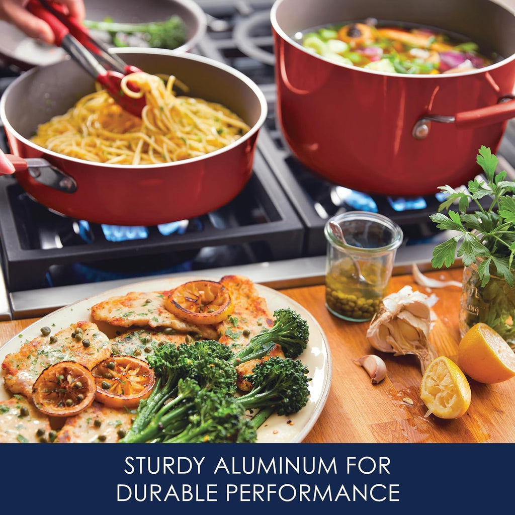 Rachael Ray Cucina Nonstick Cookware Set - 12 Piece in Cranberry Red for Effortless Cooking