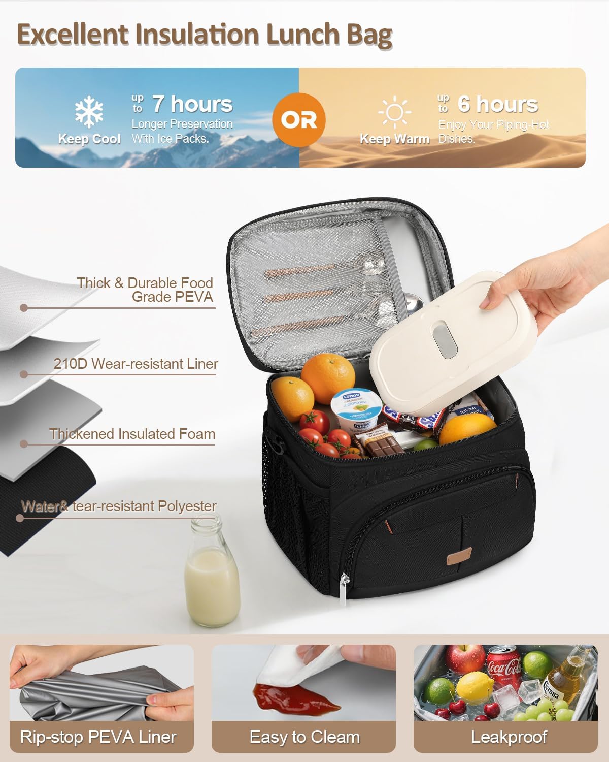Pritent Insulated Lunch Box - Leakproof Cooler Bag with Removable Strap | Black, 12L Size