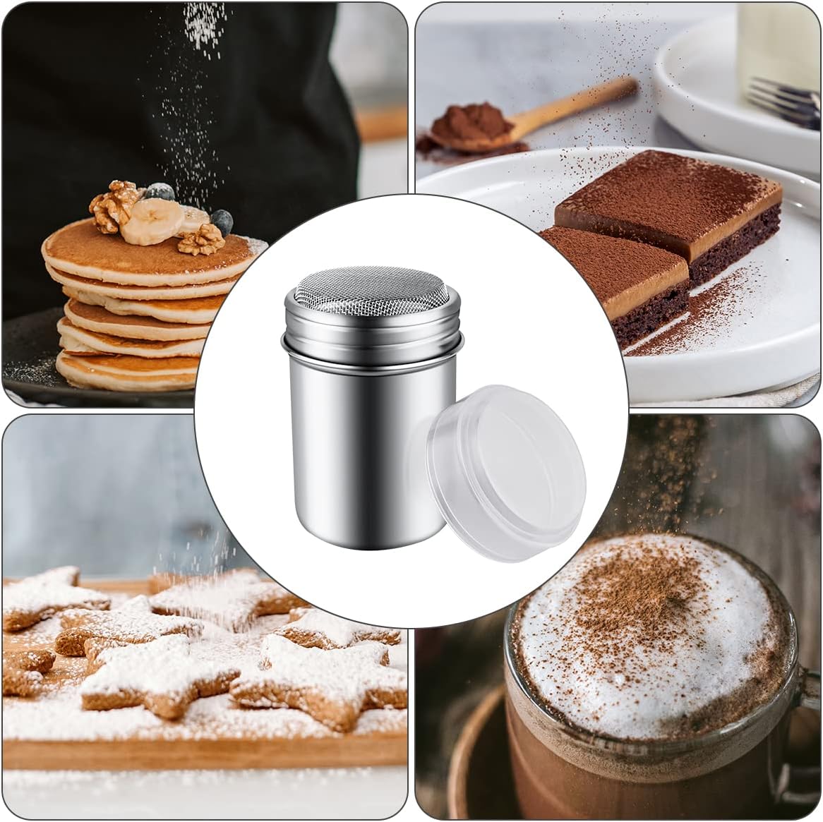 Skiennix Stainless Steel Powder Sugar Shaker - Fine Mesh Duster with Lid for Baking & Cooking