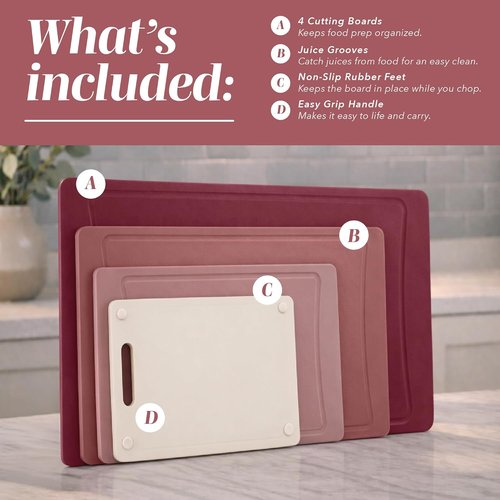 COOK WITH COLOR Non-Slip Cutting Board Set - Easy Grip Handles for Meat, Veggies & Fruits | 4 Boards in Rose