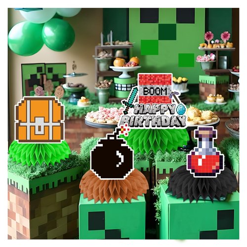 8PCS Pixel Theme Birthday Party Decoration Honeycomb Party Centerpieces for Table Decoration supplies