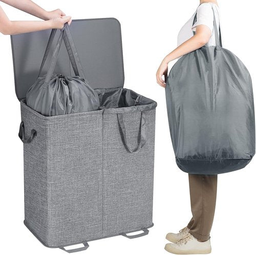 Lifewit Double Laundry Hamper - Large 136L Collapsible Basket with Lid & Removable Bags | Gray