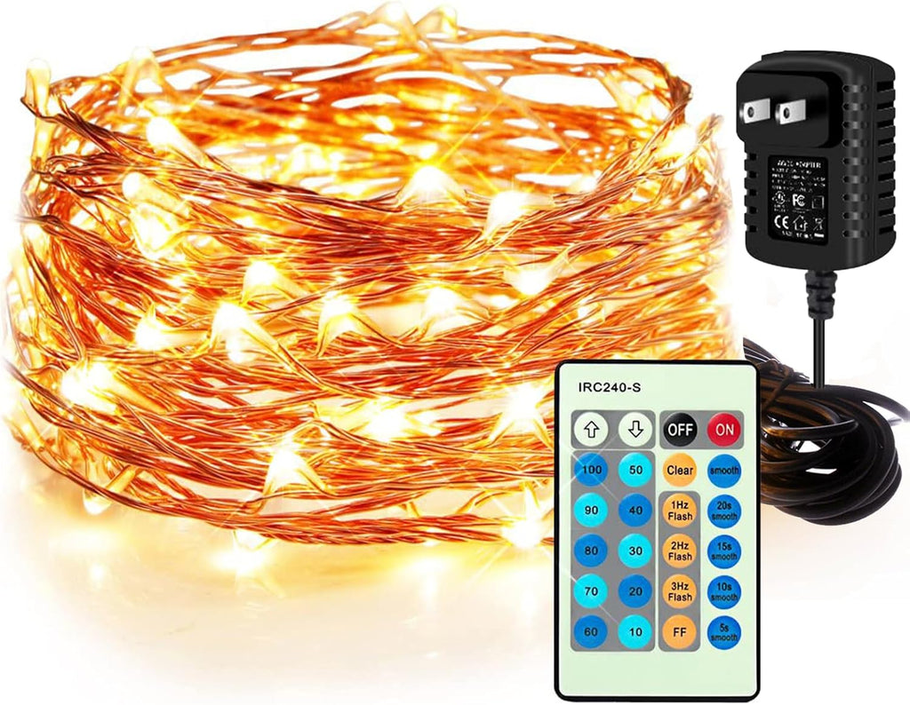 Moobibear Waterproof Fairy String Lights - 100 LEDs Warm White Dimmable | 33ft with 24-Keys Remote for Indoor & Outdoor Decor