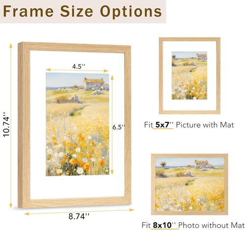 JCJMY 8x10 Picture Frame Set of 3 - Solid Wood Design with Shatter-Resistant Plexiglass | Natural Finish
