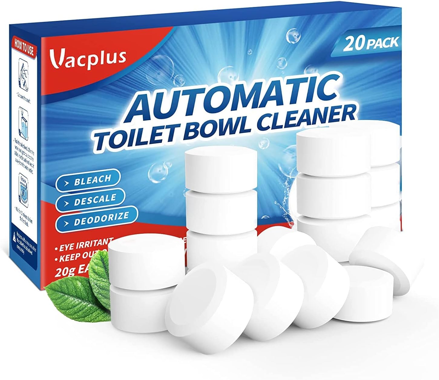 Vacplus Toilet Bowl Cleaner Tablets - 20 Pack | Automatic Bleach Cleaners for Deodorizing & Descaling