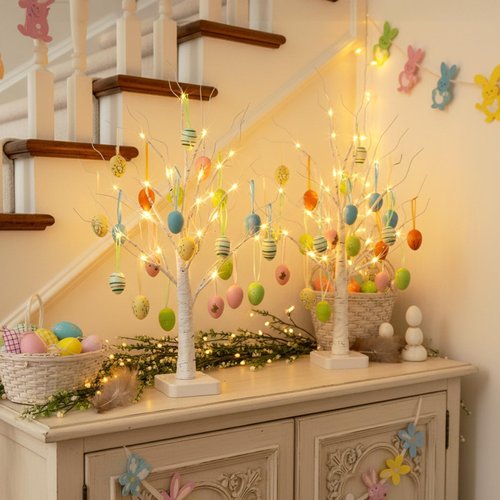 EAMBRITE Easter Decorations, Easter Egg Tree with 36 pcs Eggs Ornaments, Lighted White Birch Tree with Timer Battery Powered, for Home Tabletop Centerpiece Spring Indoor Decorations (2 Pack 24 LED)