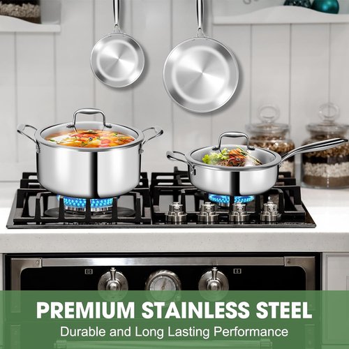 3 Ply Stainless Steel Cookware Set - 11-Piece Kitchen Set with Lids | Non-Toxic, Induction & Dishwasher Safe