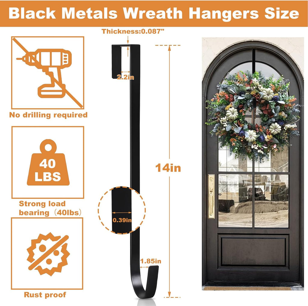 PECULA Wreath Hangers - 2 Pack 14" Metal Door Hooks | 40lb Load-Bearing for Decorations (Black)