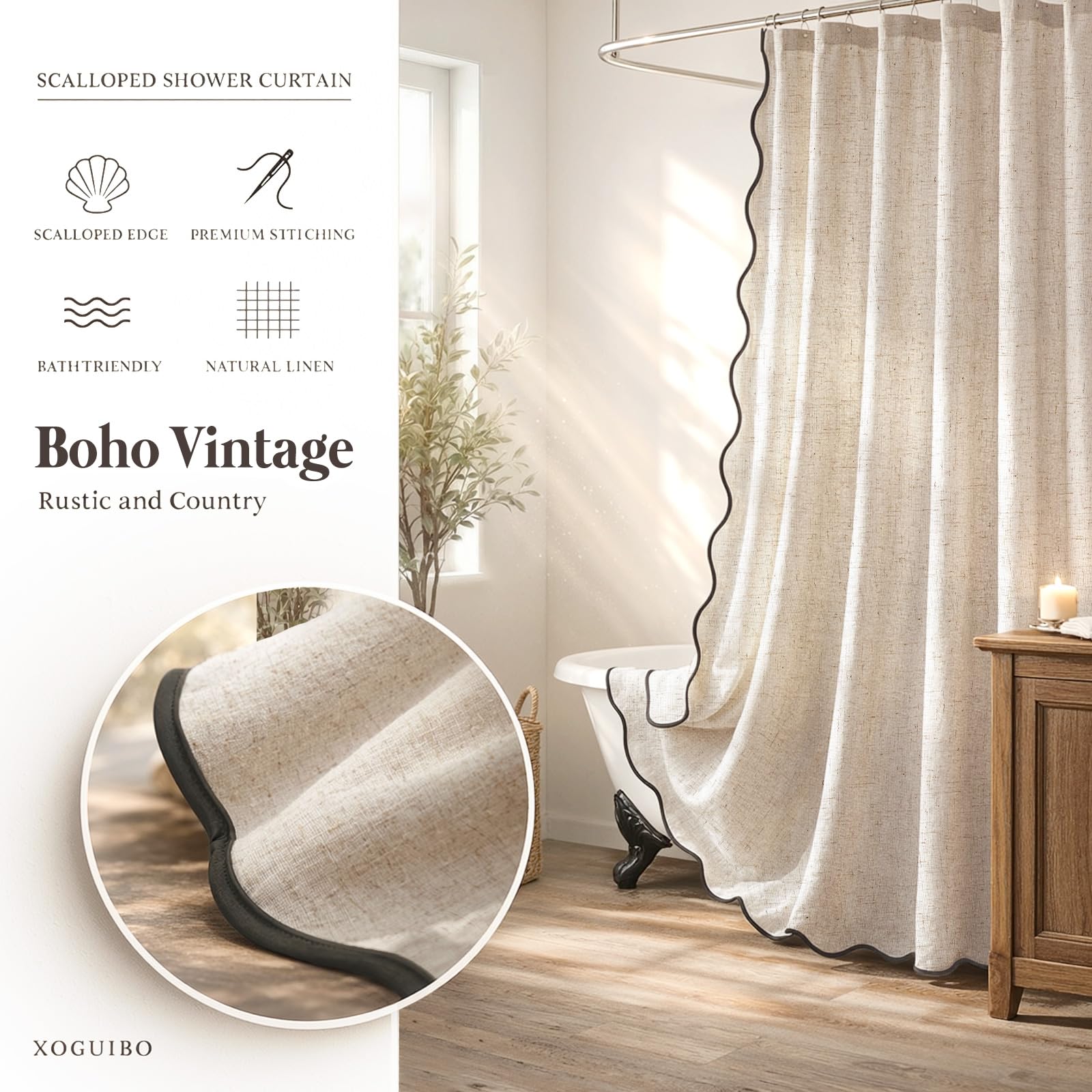 XOGUIBO Linen Shower Curtain Beige Cute Black Scalloped Boho Modern Shower Curtains for Bathroom Set, 72" W x 72" L