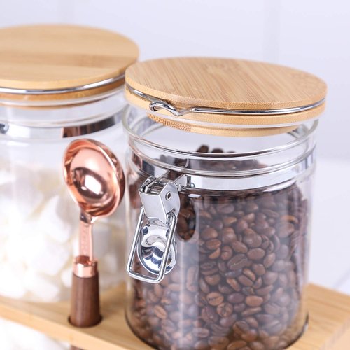 KKC Glass Storage Jars with Spoon,Glass Coffee Bean Storage Containers,Airtight Sealed Jar Canisters Bamboo Lids with Scoop for Coffee Bean,Ground Coffee,Brown Sugar,Nuts,Loose Tea