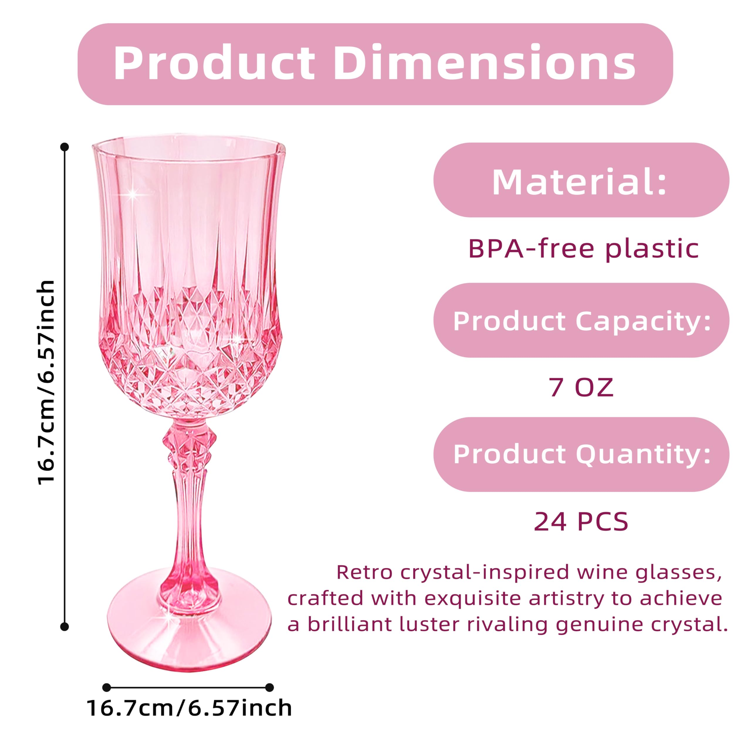 JUSONEY 7oz Vintage-Inspired Plastic Wine Glasses | 48-Piece Crystal Textured Plastic Goblets，Disposable Wine Glasses for Weddings, Parties & Elegant Events(48-Pink)