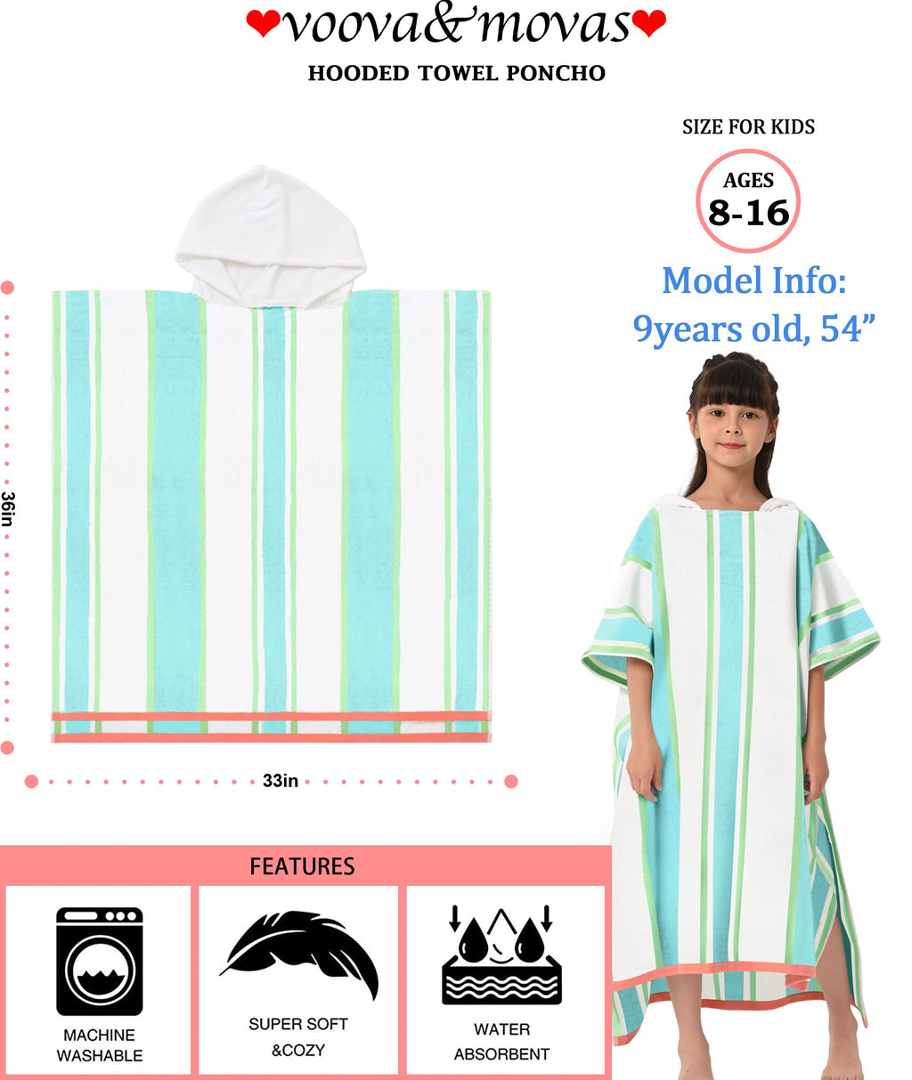 VOOVA & MOVAS Hooded Poncho Towels for Teens (8-16Years), 100% Cotton Thick Poncho Towel for Big Kids, Perfect for Pool, Beach, Bath, Green White Stripe