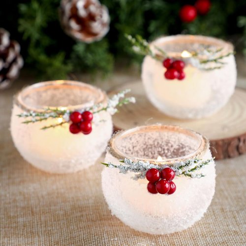 Funnymoom Christmas Votive Candle Holders - 6 Pcs Snowy Red Berry Design for Home Decor & Parties