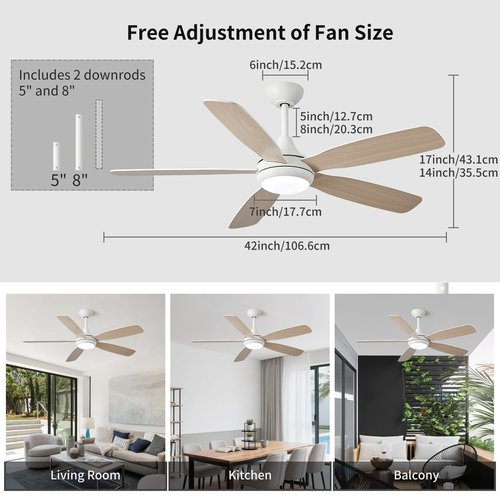 42 Inch Solid Wood Ceiling Fans with Lights and Remote, Dimmable 6-Speed Outdoor Ceiling Fan with Light, 5 Blade Ceiling Fan with 3-Timer Reversible DC Motor for Bedroom, Living Room - White ﻿