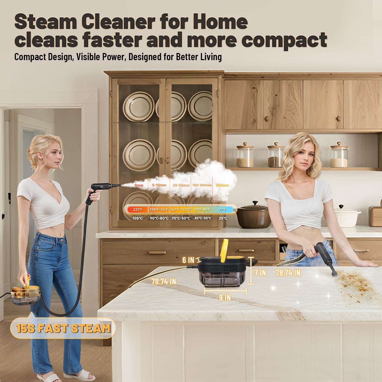 Gautye Steam Cleaner, 3 Level Adjustable Handle, 15s Heat Up, 1.69 Quarts Tank, Portable Steamer for Cleaning with 15 pcs Accessories, Steam Cleaner for Home for Dirt, Grease, Grout, Tile,Floor, Car