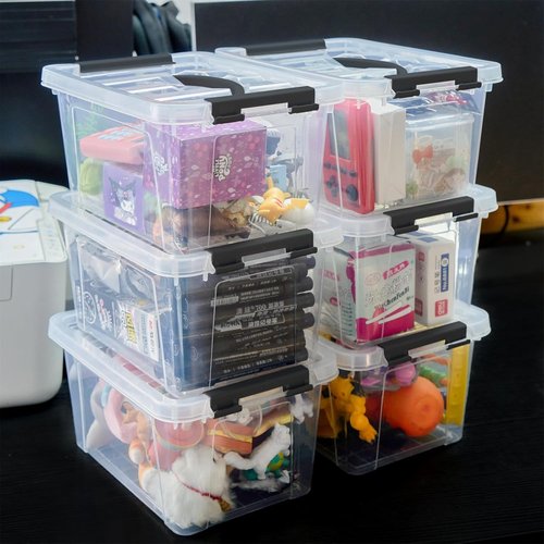 Eslite 6 Quart Stackable Storage Bins - Clear Latching Boxes with Handles & Lids | Pack of 6 (Black Handle)
