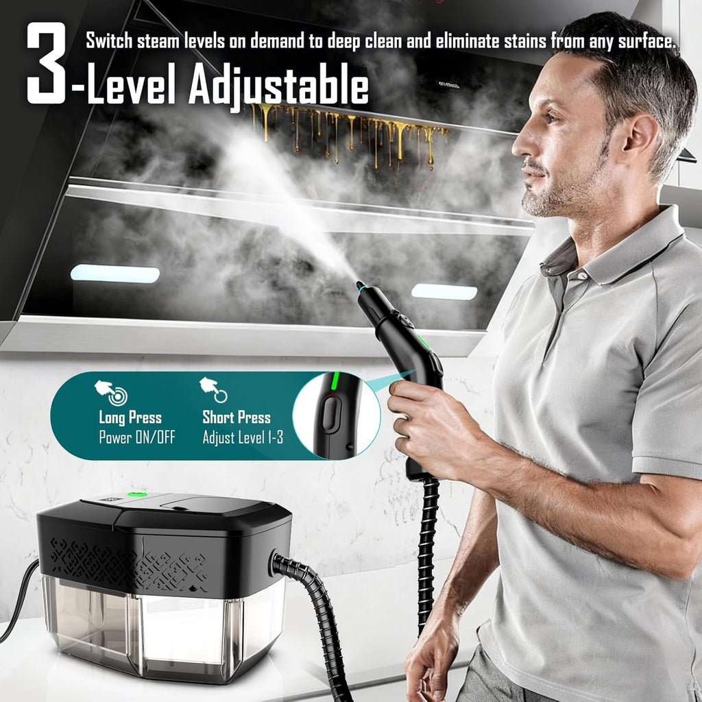 Skiennix Steam Cleaner - 3-Level Adjustable Handle, 15s Heat-Up, 1.8L Tank, 12 Accessories | Ideal for Home & Car Cleaning