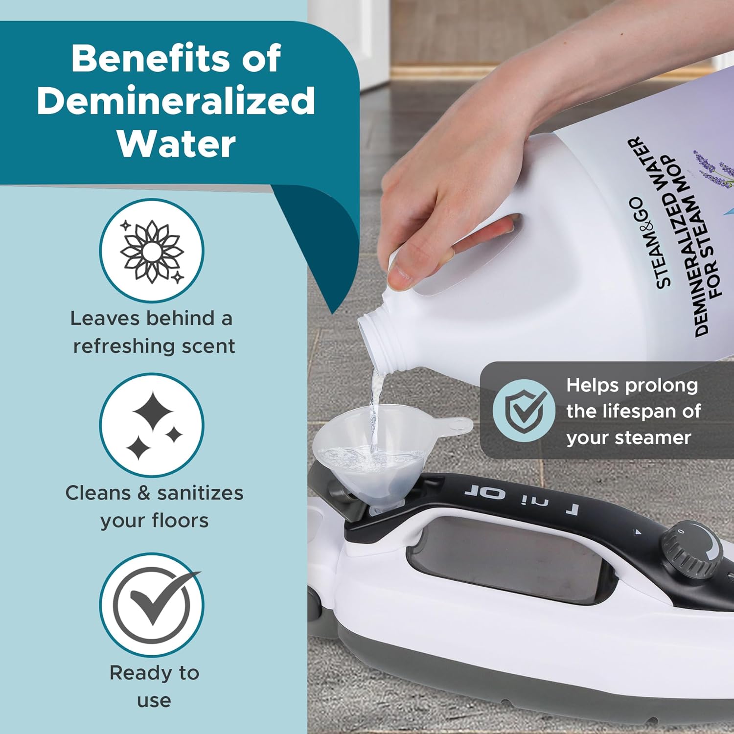 Steam & Go Demineralized Water | PVC-Free Multi-Surface Cleaner for All Steam Mops - Lavender Scent, 128 Fl Oz