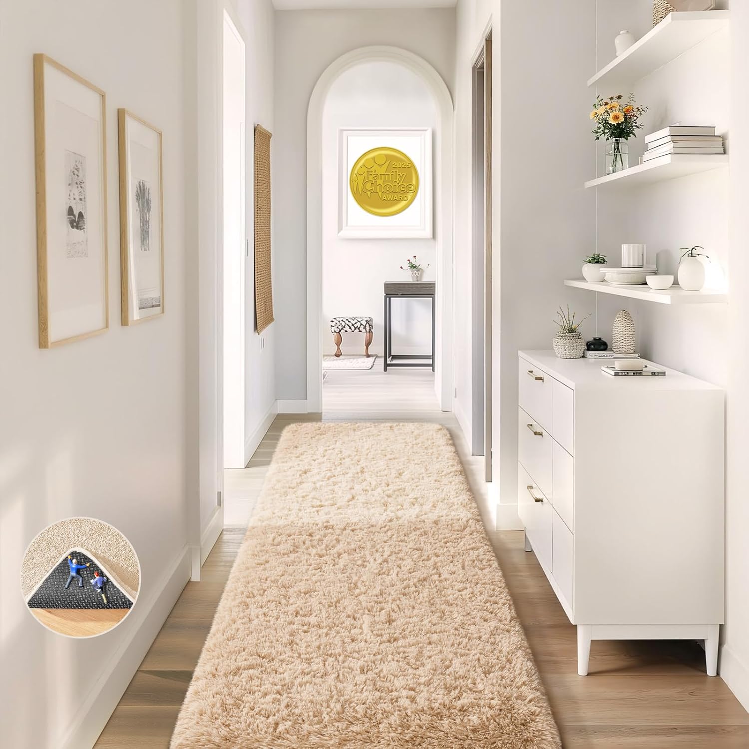 Ophanie 2x8 Runner Rug - Non-Slip Fluffy Soft Beige Shaggy Carpet for Hallway & Bedroom Decor