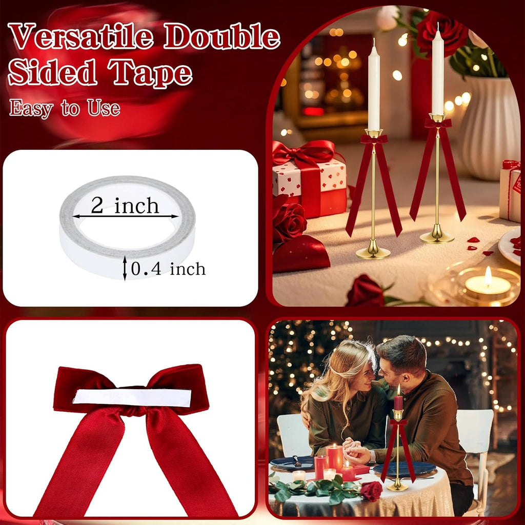 Regine Switzerland 12Pcs Red Velvet Christmas Candlestick Bows - 13 Inch Self-Adhesive Decor for Weddings & Parties