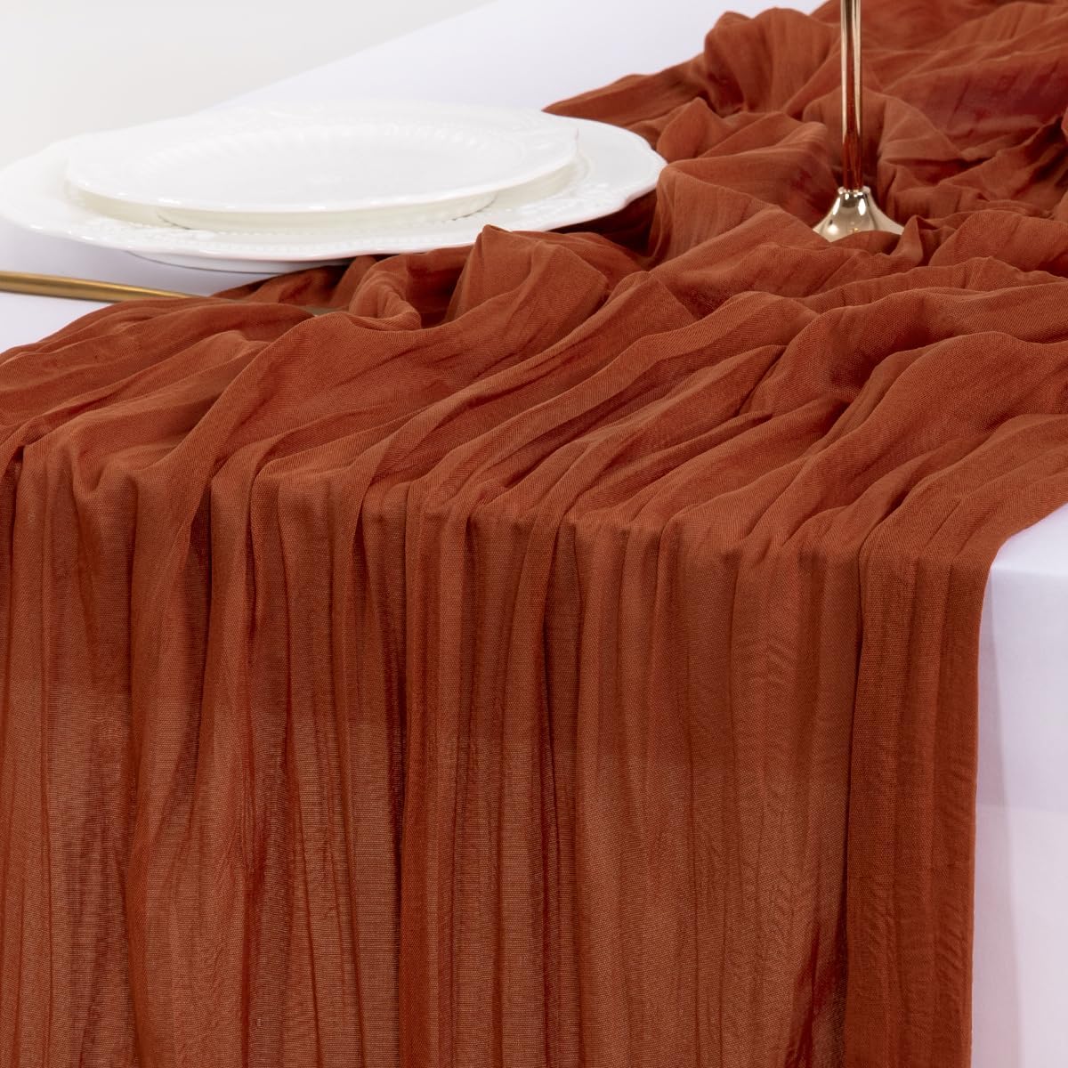 Socomi Terracotta Cheesecloth Table Runner - 120 Inch Boho Rustic Decor for Weddings & Events