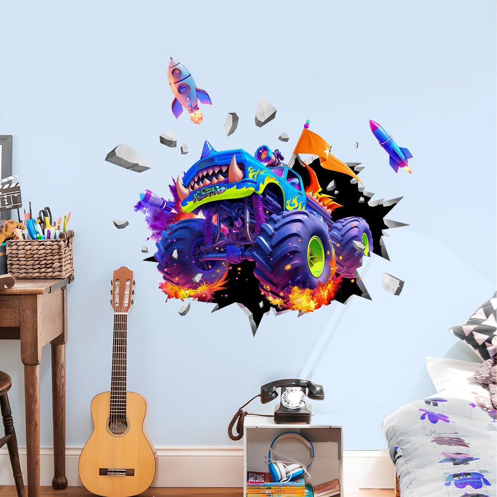 Supzone Monster Truck Wall Decals for Boys, 3D Racing Car Break Through The Wall Vinyl Wall Sticker for Kids Bedroom Nursery Playroom Classroom