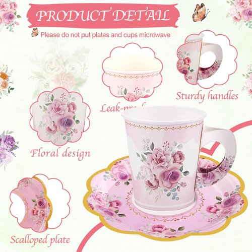 24 Sets Disposable Paper Tea Cups 7 OZ Floral Tea Party Cups with Handle and Plates Teacups and Saucer Sets for Baby Bridal Shower Wedding Birthday(Watercolor Style)