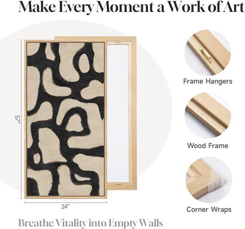 Framed Neutral Abstract Wall Art - Extra Large Black & Beige Canvas Print for Living Room | 30x60 Inch