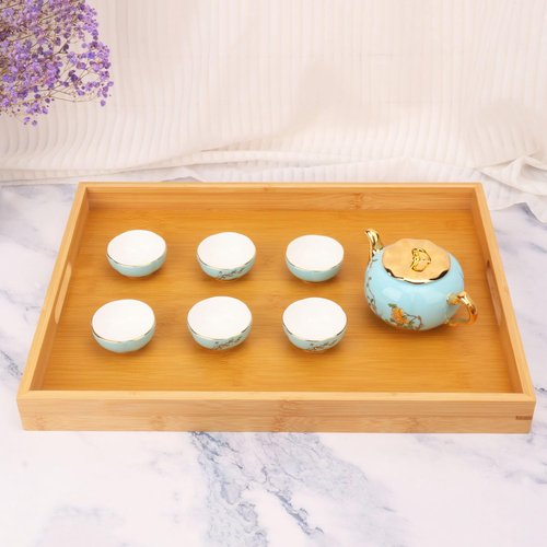 kukmakri 4 Pack Large Bamboo Serving Tray with Handles - 18 x 13 Inch Wooden Dinner Tray, Home Kitchen Decorative Tray, Breakfast Trays for Eating on Couch, Lap Trays, Coffee, Kitchen, Picnic