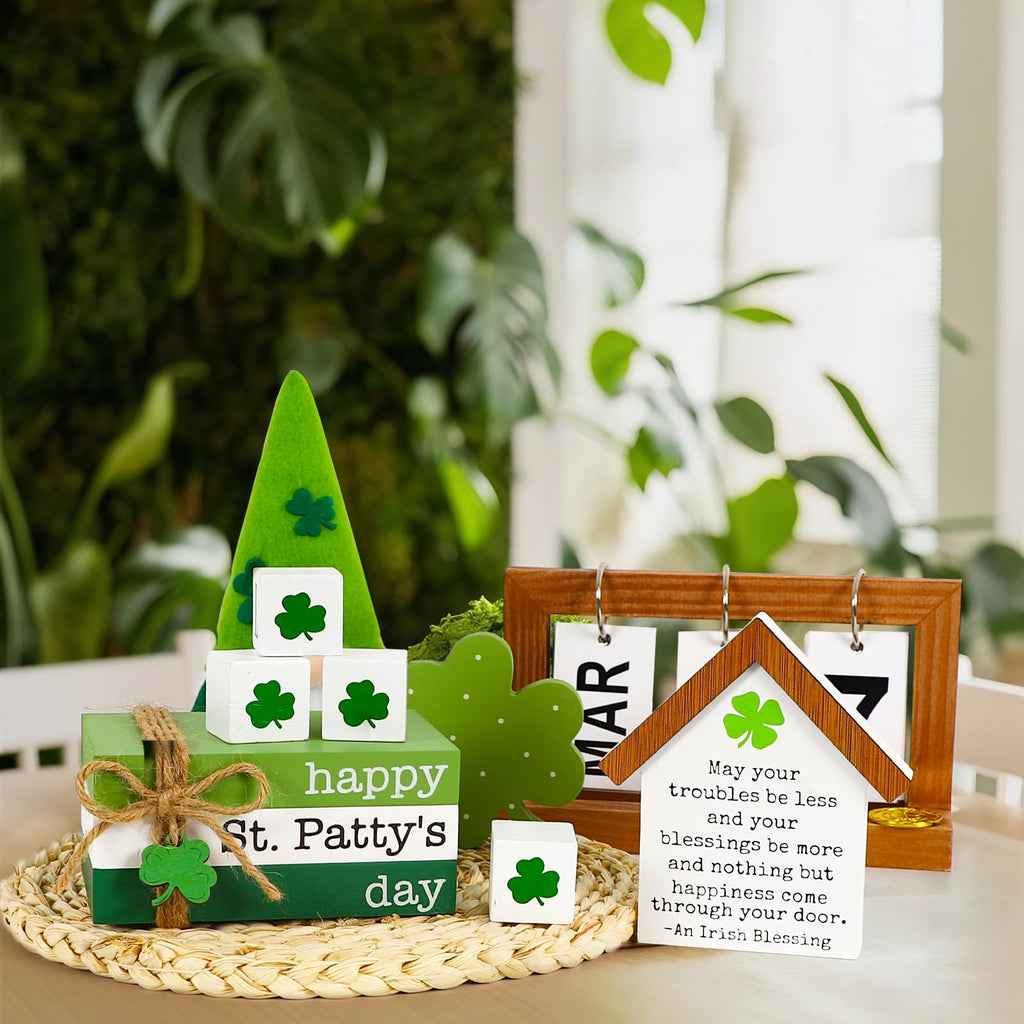 DAZONGE St. Patrick's Day Decorations, 6PCS St. Patrick's Day Tiered Tray Decor, Happy St. Patty’s Day Book Stack, Shamrock LUCK Blocks, St. Patrick's Day Signs for Home Table Shelf Decor