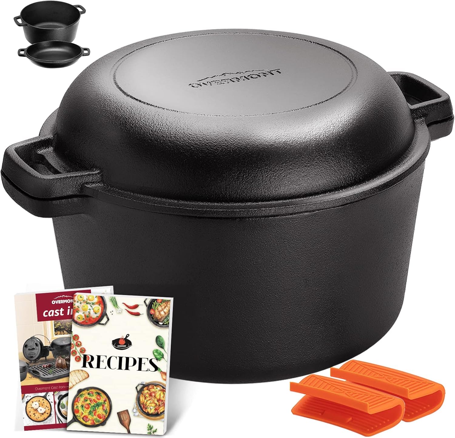 Overmont 5QT Pre-Seasoned Cast Iron Dutch Oven - Versatile All-in-One Casserole & Skillet with Cookbook