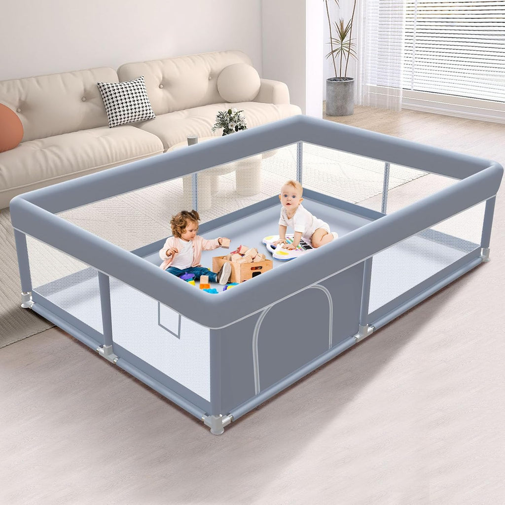 XVISHX Baby Playpen - 65 x 50 Inch Indoor & Outdoor Playard with Soft Breathable Mesh - Grey