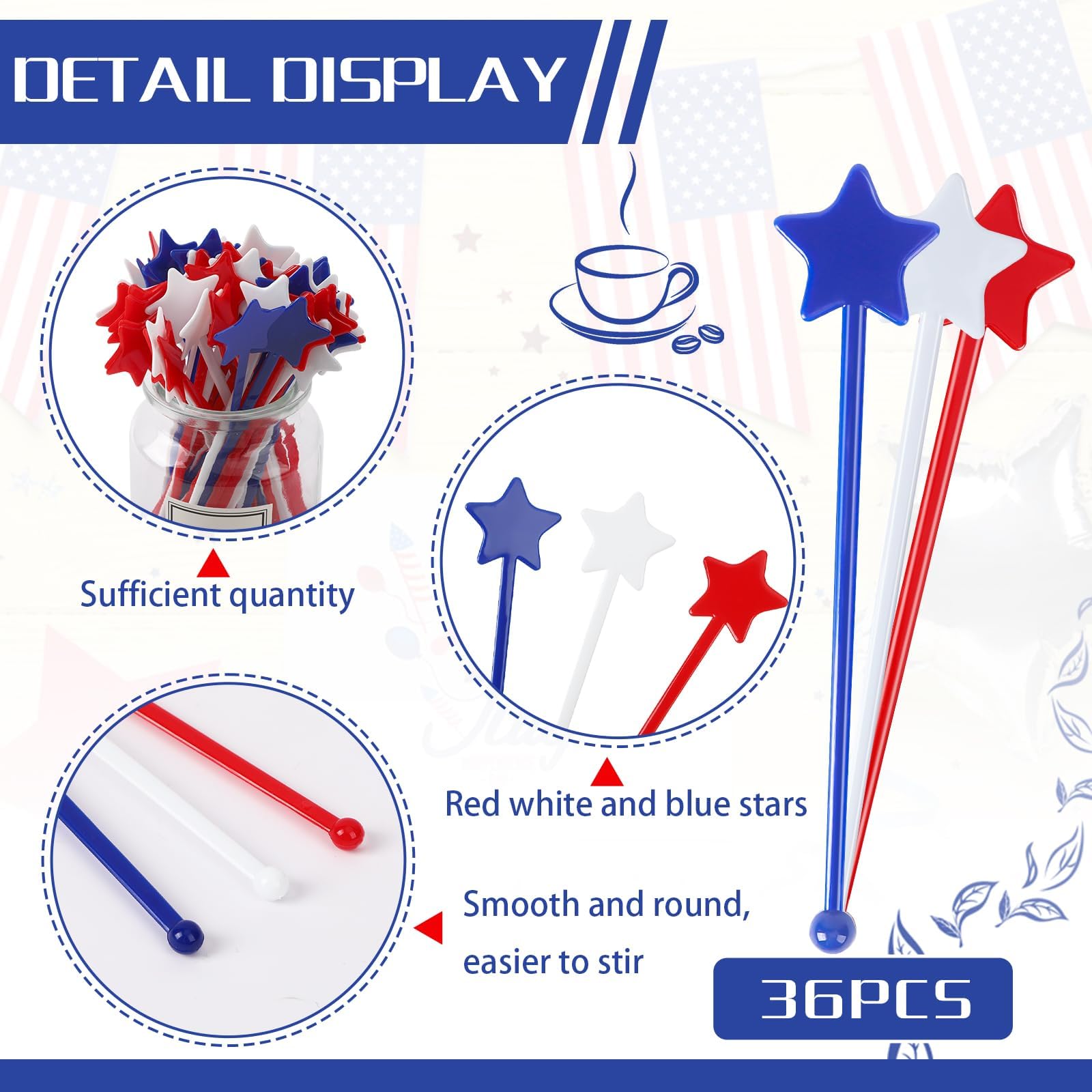 Jansun 36 Pcs 4th of July Patriotic Red White Blue Cocktail Drink Stirrers