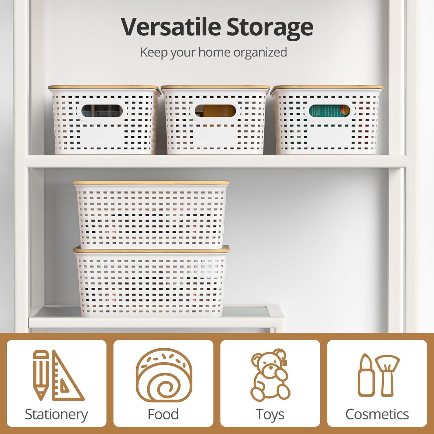 Plastic Storage Baskets - Stackable Organizing Bins with Bamboo Lids | 6 Pack, 10.2x7.2x4.1 Inch, White