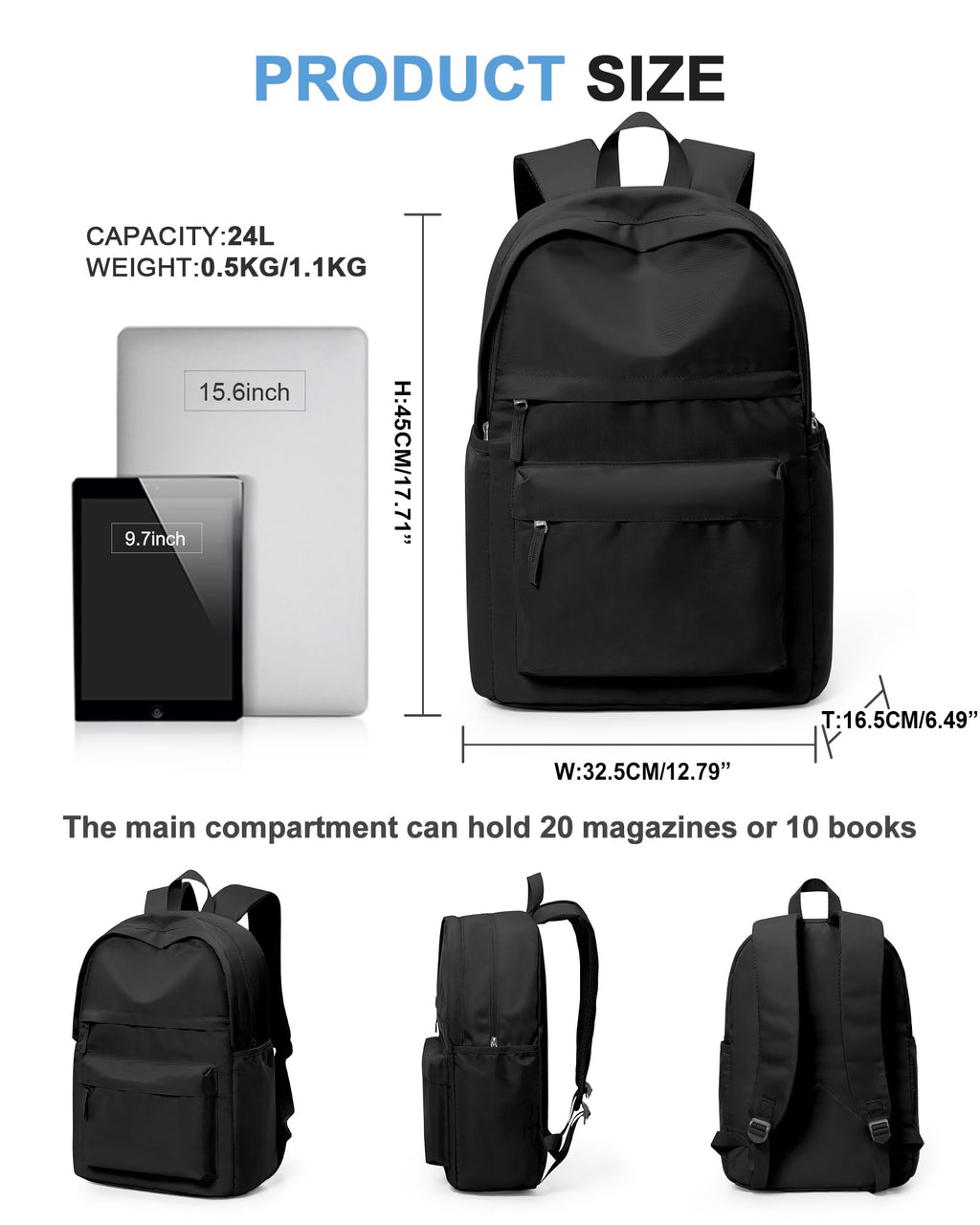 VGCUB Black School Backpacks Travel Book Bag Waterproof Work Light Aesthetic College Backpack for School Girls Boys Teens Mochilas Escolares Para Niñas Casual Daypack for Women Men