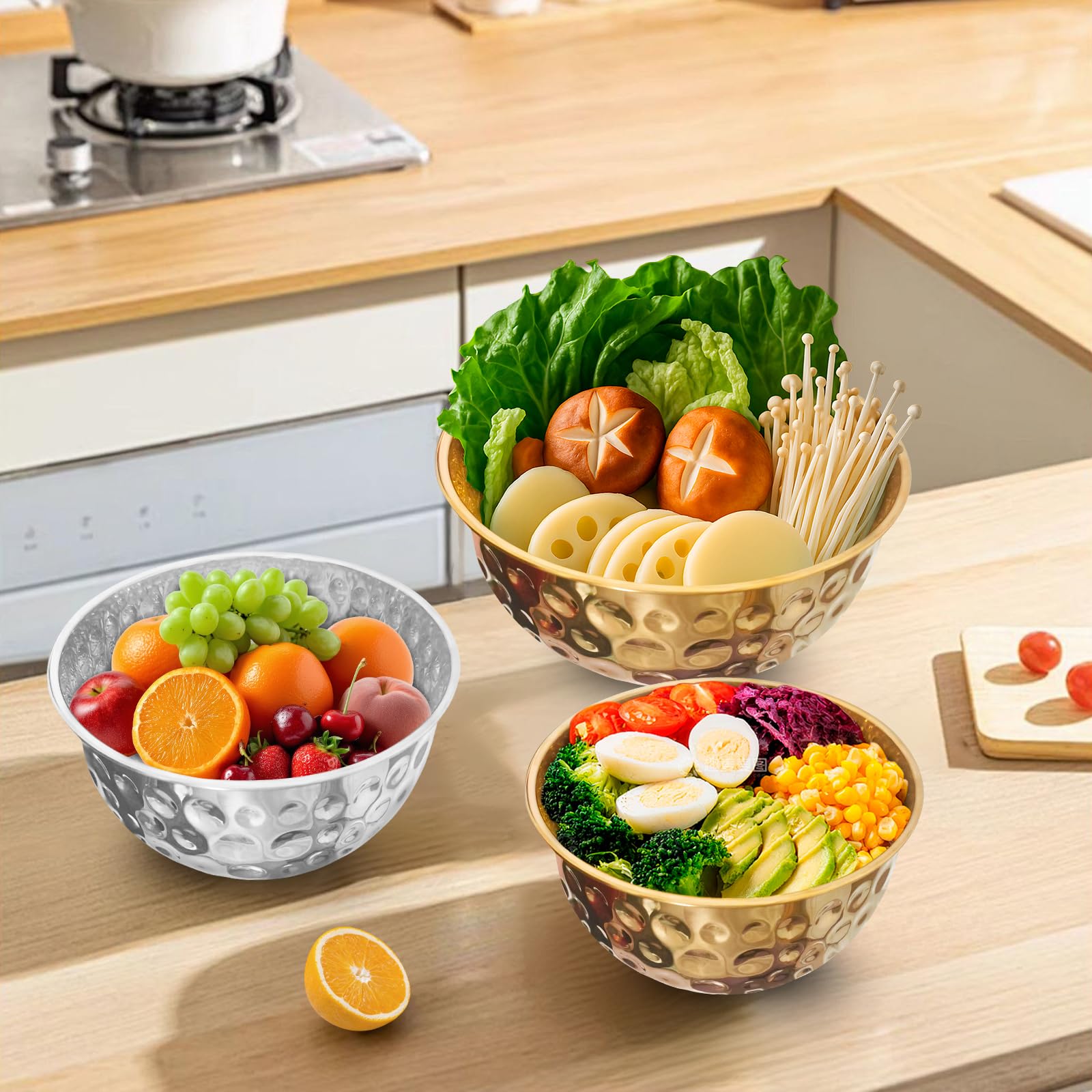 YEJZXY Stainless Steel Mixing Bowls Set, 5PCS Gold Hammered Bowls, 4.9/4.2/3.2/2.1/1.6QT Mixing Bowls for Kitchen, Nesting Design Serving Bowls