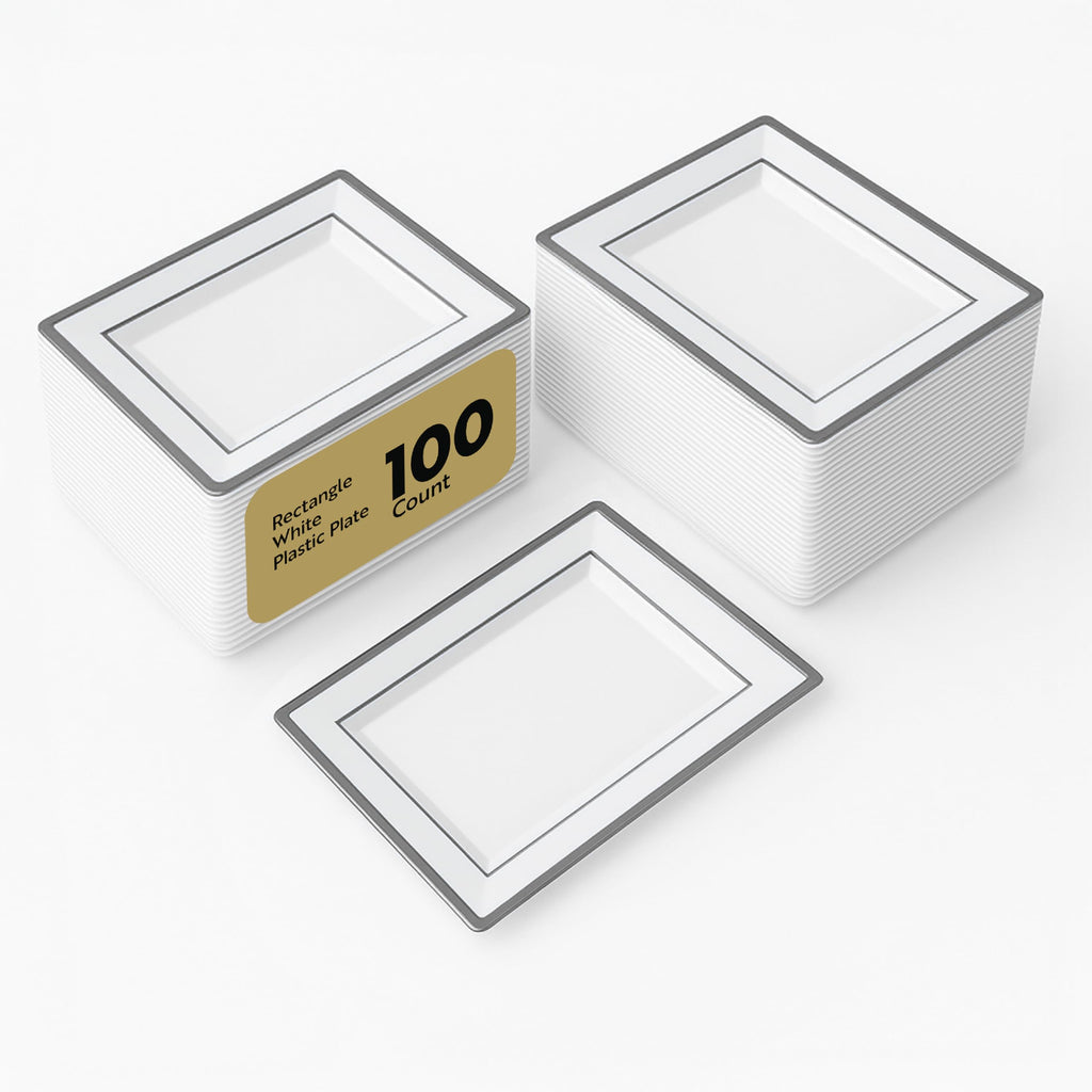 Restaurantware Moderna 11.5 x 7.3 Inch Premium Disposable Plates 100 Rectangular Plastic Plates For Parties - Silver-Rimmed Durable White Plastic Dinner Plates For Warm And Cold Foods