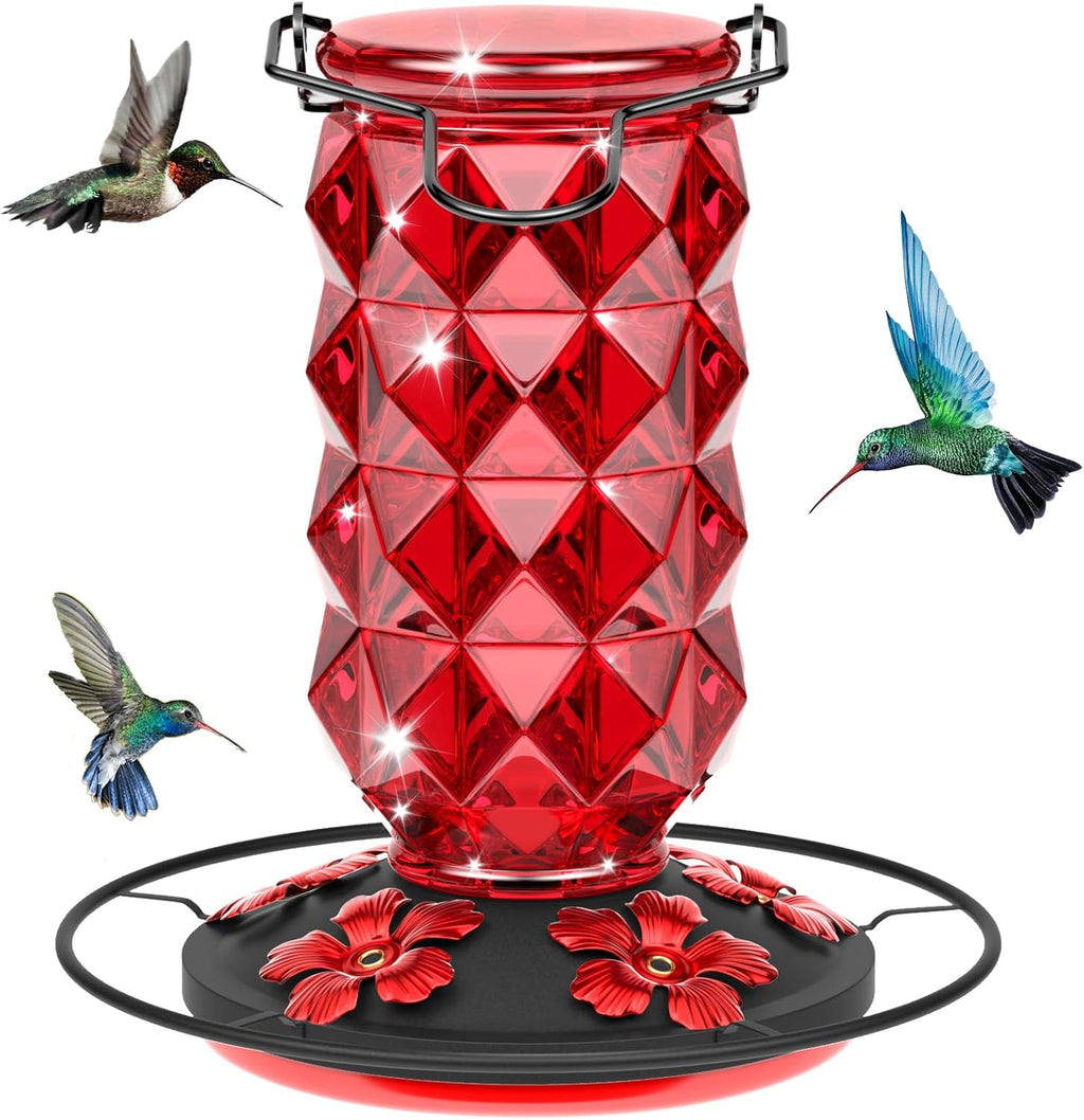 Skiennix Glass Hummingbird Feeder - 25oz Leak-Proof Nectar Feeder with Perch & 5 Flower Ports | Red Garden Decor