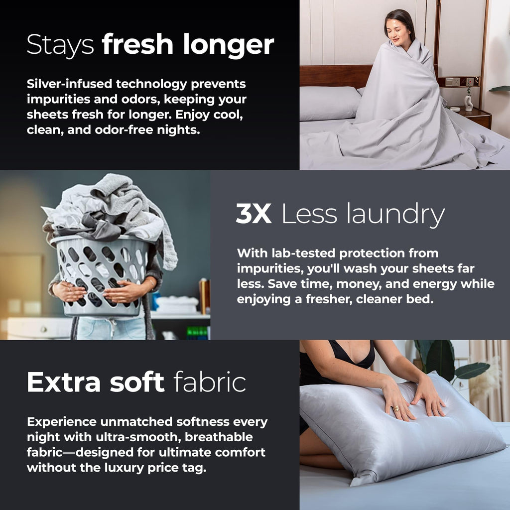 Silvery Silver Infused Bed Sheets Set - Ultra-Soft Temperature-Regulating Fabric with Self-Cleaning Technology™ that Stays Fresh 3X Longer for Hygienic Sleep
