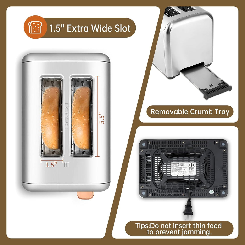 SEEDEEM 2-Slice Toaster - Touch Screen LCD Display, Fast Heating, Stainless Steel, 1.5" Wide Slots, Silver