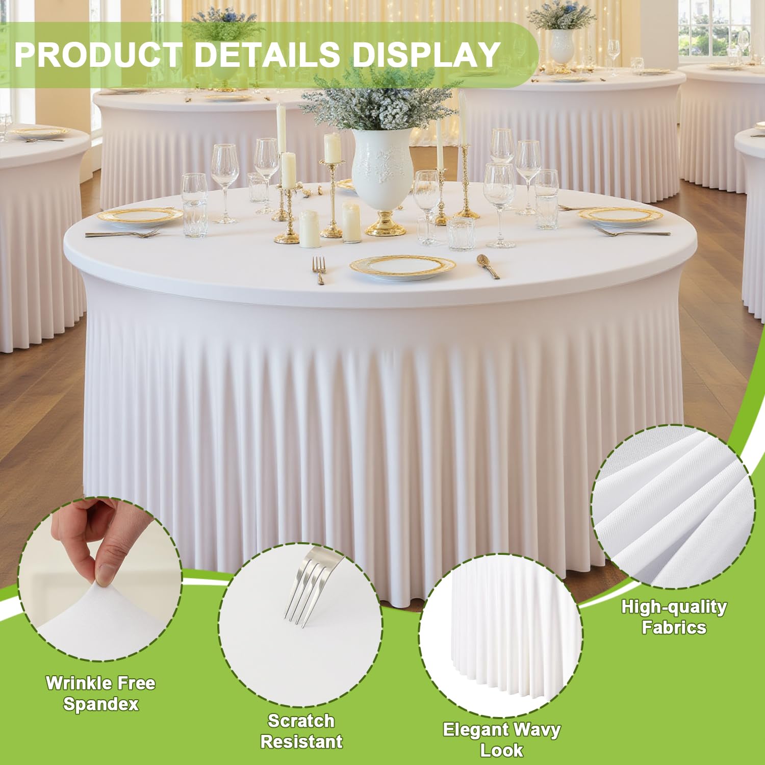 6 Pack White Round Tablecloths for 5 FT Round Tables, Stretchy Spandex Fitted Tables Cloth with Table Skirt, Wrinkle Free Table Cover Stitch Circle Tablecloth for Party Wedding Birthday Outdoor Events