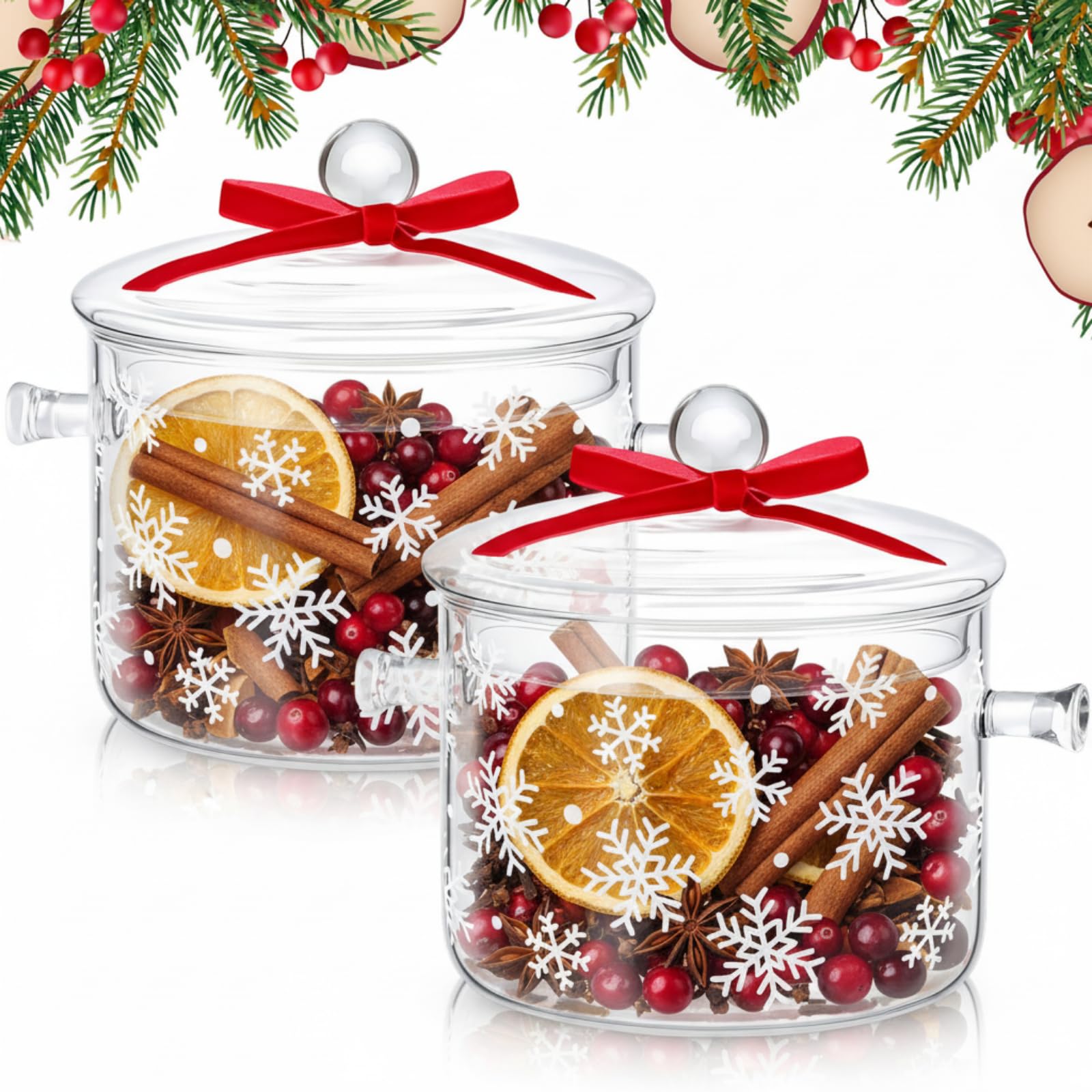 Potchen 2 Pack Christmas Simmer Pot Gift Glass Saucepan with Lid 51 oz Snowflake Holiday Pot for Cooking Mulled Wine, Hot Cocoa, Sauces Festive Stovetop Glass Cookware for Christmas Kitchen Gifting