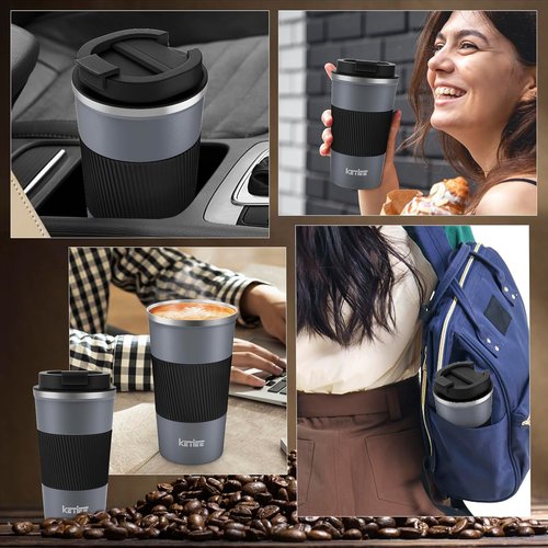 KETIEE Travel Coffee Mug - Spill Proof 12oz Insulated Stainless Steel Tumbler for Hot/Iced Drinks | Grey