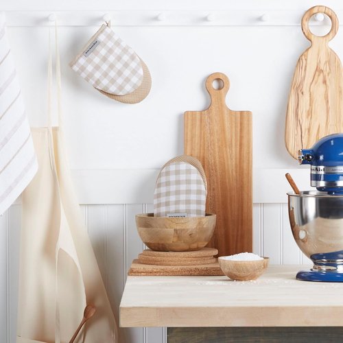 KitchenAid Mini Oven Mitts - Gingham 2-Pack Set in Milkshake Tan, 5.5"x8" for Easy Cooking