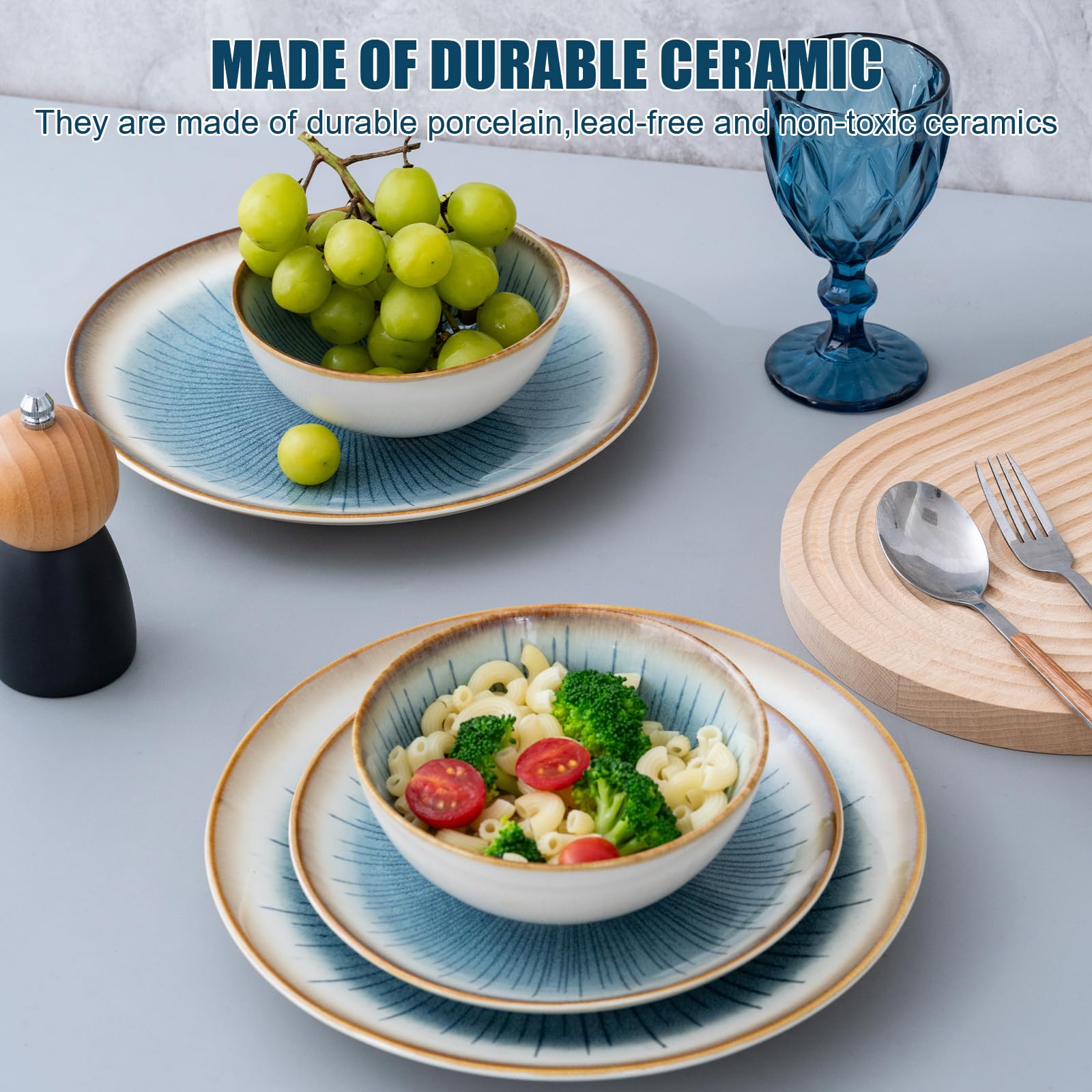 WHITEPEONY Blue Stoneware Dinnerware Set, 12 Pieces, Blue Stripe Marble, Dishwasher & Microwave Safe
