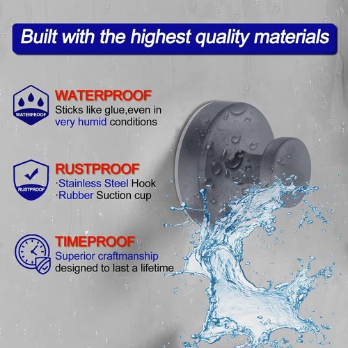 Bntuk Suction Cup Hooks - Removable Bathroom Towel Hooks for Shower & Glass Door | 2 Pack, Grey