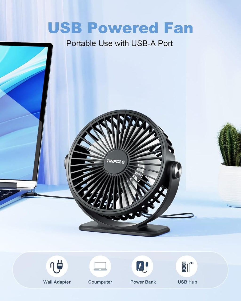 TriPole USB Powered Desk Fan - Portable Mini Fan with 3 Adjustable Speeds & 360° Rotation | Quiet Design for Home & Office - Black, 4.9ft Cable