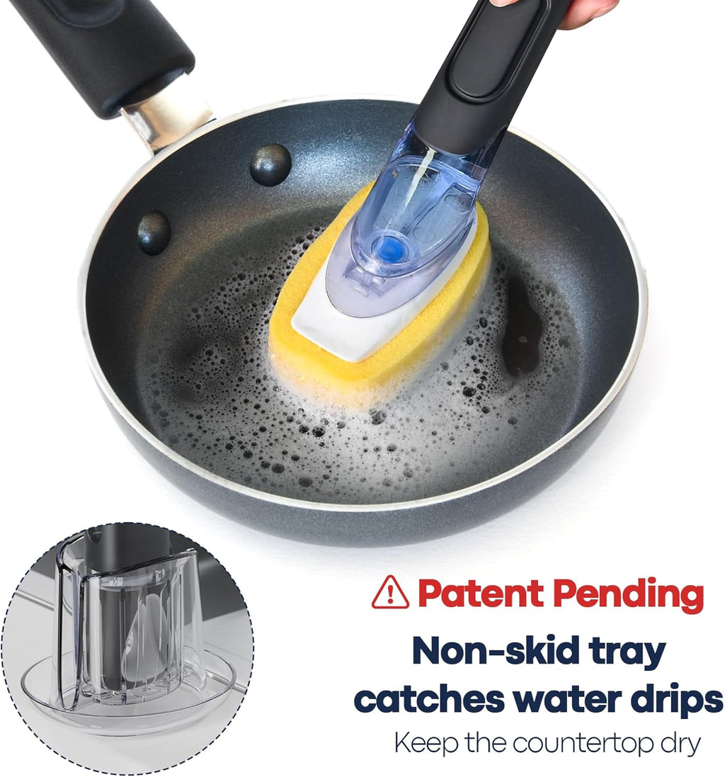 Skiennix Dish Brush Set - Soap Dispenser with 2 Sponge Refills & Holder | Ideal for Pots, Pans, and Dishes