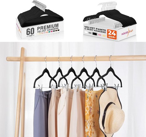 HOUSE DAY Black Velvet Hangers - Premium Non-Slip Felt Clothes Hangers | 60 Pack with Adjustable Clips