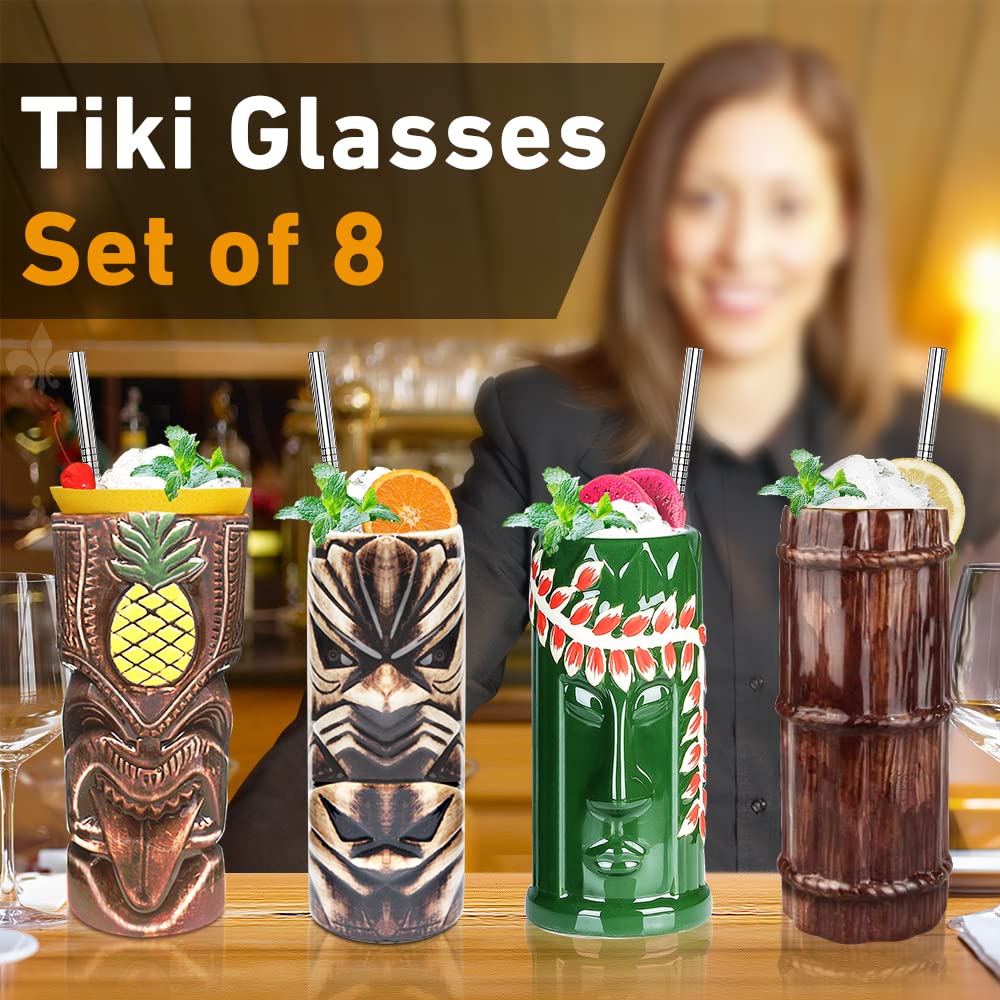 LINALL Tiki Mugs Cocktail Set of 8 - Tumblers Ceramic Hawaiian Luau Party Mugs Drinkware, Cute Exotic Cocktail Glasses, Tiki Bar Professional Hawaiian Party Barware, TKSET0017 (8pcs)